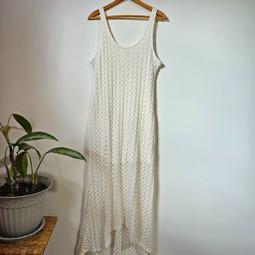 EUC XHILIRATION CREAM CROCHET SCOOP NECK FRONT / BACK HI LOW MAXI DRESS SIZE XL